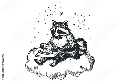 Raccoon sitting on a cloud enjoying a meal surrounded by stars. Vector retro hand drawn illustration