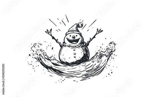 Cheerful snowman enjoying winter celebration with joyful expression. Vector retro hand drawn illustration