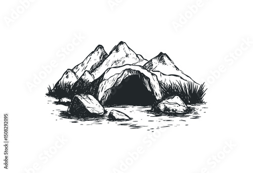 Monochrome hand-drawn mountain cave and rocks illustration. Vector retro hand drawn illustration