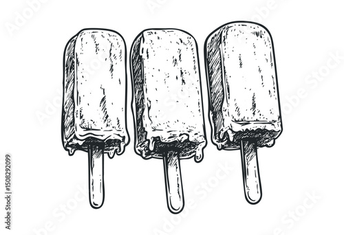 Detailed hand-drawn sketch of three ice pops on sticks in vintage style. Vector retro hand drawn illustration