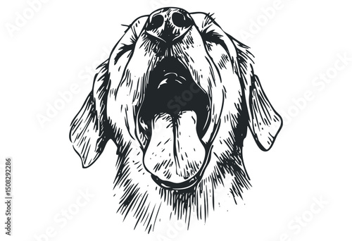 Detailed sketch of a yawning dog with open mouth and tongue out. Vector retro hand drawn illustration