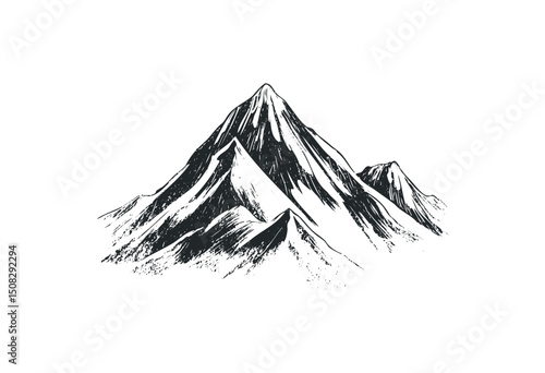 Minimalist hand-drawn mountain peaks in black and white sketch style. Vector retro hand drawn illustration