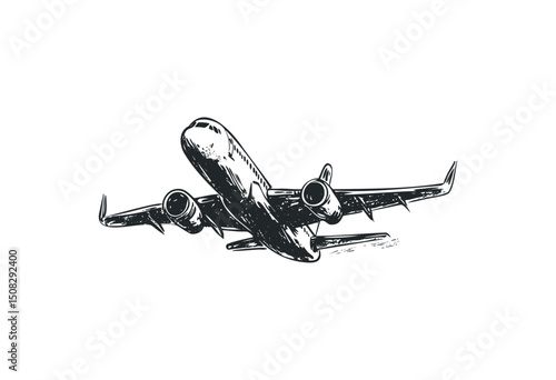 Detailed sketch of passenger airplane in flight with engines and wings visible. Vector retro hand drawn illustration