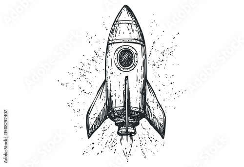 Hand-drawn rocket in flight with artistic sketch lines. Vector retro hand drawn illustration