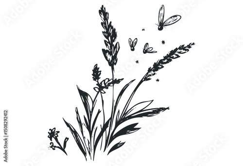 Illustration of floral stalks with butterflies and bees in detailed sketch style. Vector retro hand drawn illustration