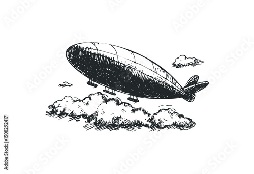 Vintage sketch of an airship floating above clouds. Vector retro hand drawn illustration