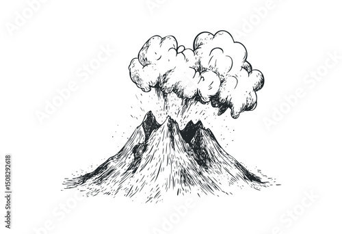 Hand-drawn volcanic eruption with smoke and ash.. Vector retro hand drawn illustration