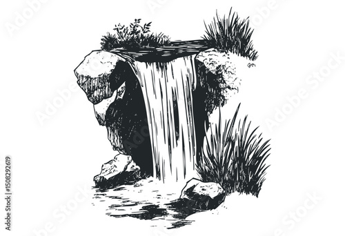 Illustrated waterfall with rocks and vegetation in monochrome. Vector retro hand drawn illustration