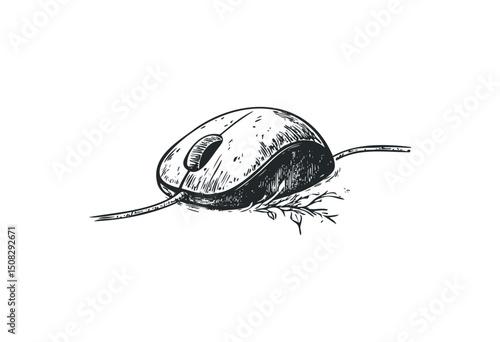 Detailed sketch of a wired computer mouse with floral element. Vector retro hand drawn illustration