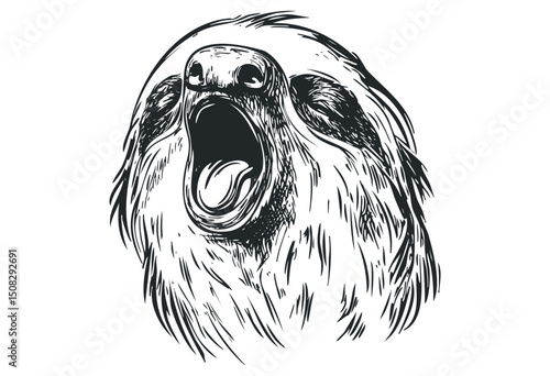 Monochrome illustration of a yawning sloth face with open mouth. Vector retro hand drawn illustration