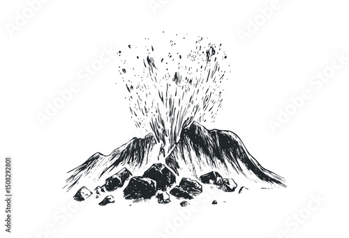 Hand-drawn erupting volcano illustration with exploding lava and rocks. Vector retro hand drawn illustration