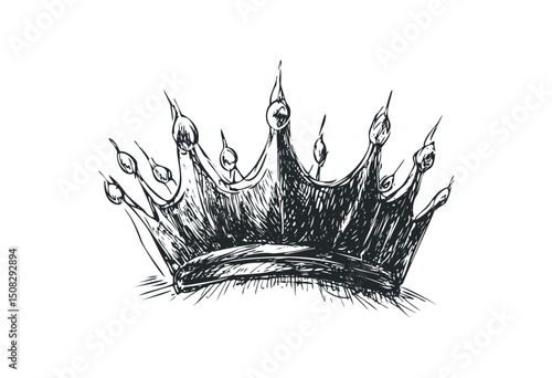 Sketch of a detailed regal crown design in black ink. Vector retro hand drawn illustration