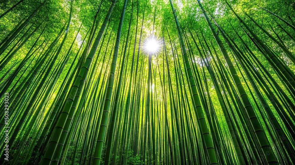 Fototapeta premium Bamboo Forest with Sunlight Bursting Through Trees