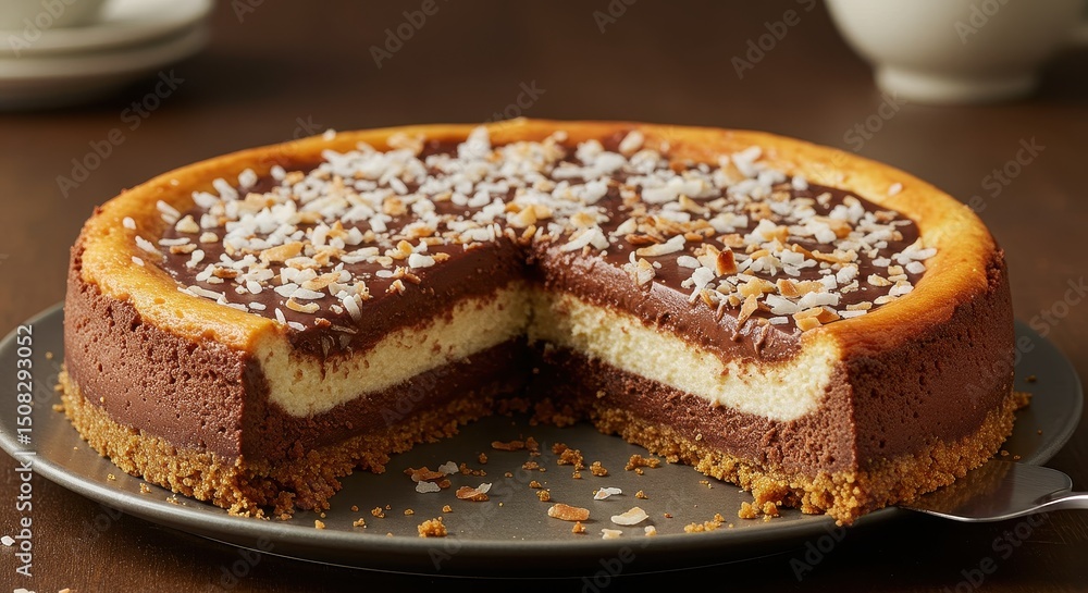 Indulgent Chocolate Cheesecake with Creamy Center and Coconut Topping on a Wooden Table Perfect for Dessert Lovers Indulgent Chocolate Cheesecake with Creamy Center and Coconut Topping on a Wooden Table Perfect for Dessert Lovers