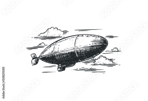 Vintage airship drawing with clouds in sky. Vector retro hand drawn illustration