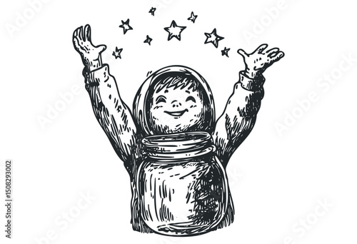 Joyful child astronaut reaching for stars in hand-drawn illustration. Vector retro hand drawn illustration