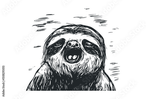 Sketch of a yawning sloth in a playful pose. Vector retro hand drawn illustration