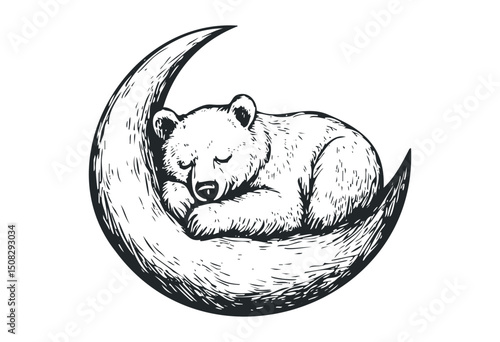 Illustration of a bear sleeping on a crescent moon. Vector retro hand drawn illustration