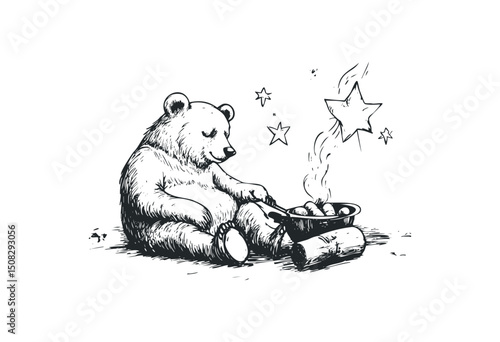 Adorable bear cooking marshmallows with stars in the sky. Vector retro hand drawn illustration
