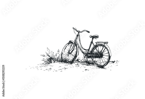 Sketch of a vintage bicycle parked on grass. Vector retro hand drawn illustration
