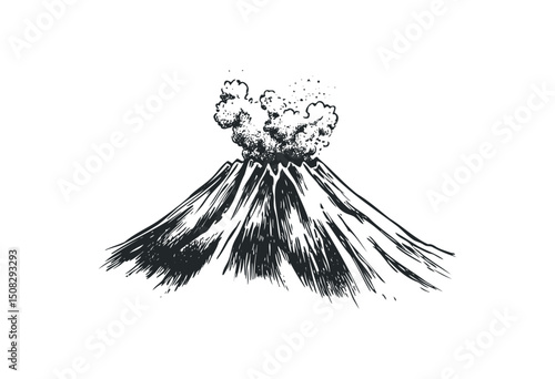 Erupting volcano drawing with ash cloud and detailed lines. Vector retro hand drawn illustration