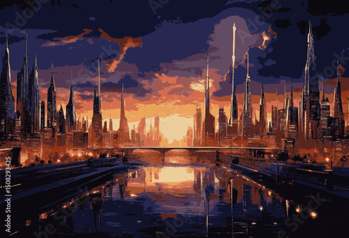 Ciudad futurista al anochecer sobre un rio. 12 colores , escalable