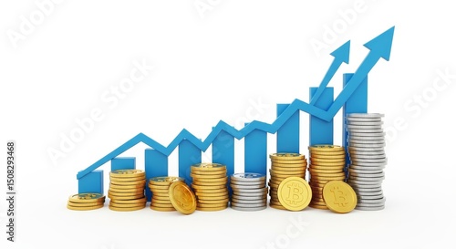 3D illustration of digital financial growth chart with arrows and coin stacks