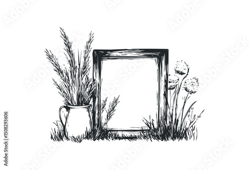 Rustic frame with jug and allium flowers in grass sketch. Vector retro hand drawn illustration