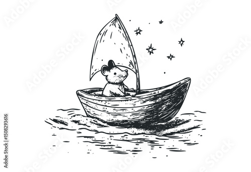 Cute mouse sailing in a boat under stars. Vector retro hand drawn illustration