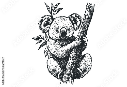Detailed illustration of a koala clinging to a tree branch. Vector retro hand drawn illustration