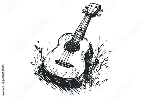 Acoustic guitar sketch on grass in rustic style. Vector retro hand drawn illustration