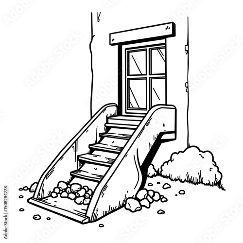 Clean line art of a rubble chute at upper window, structural clarity
