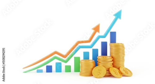 3D illustration of digital financial growth chart with arrows and coin stacks