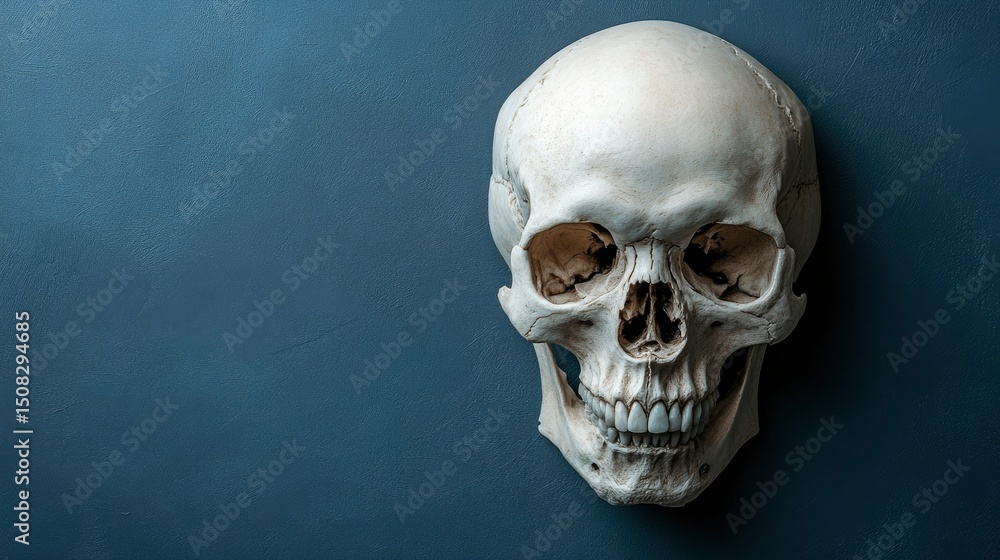 Fototapeta premium Human Skull on Dark Background Anatomy Study and Mortality Concept