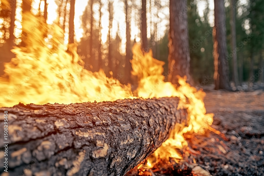 Obraz premium Burning Log in Forest Wildfire Disaster Scene