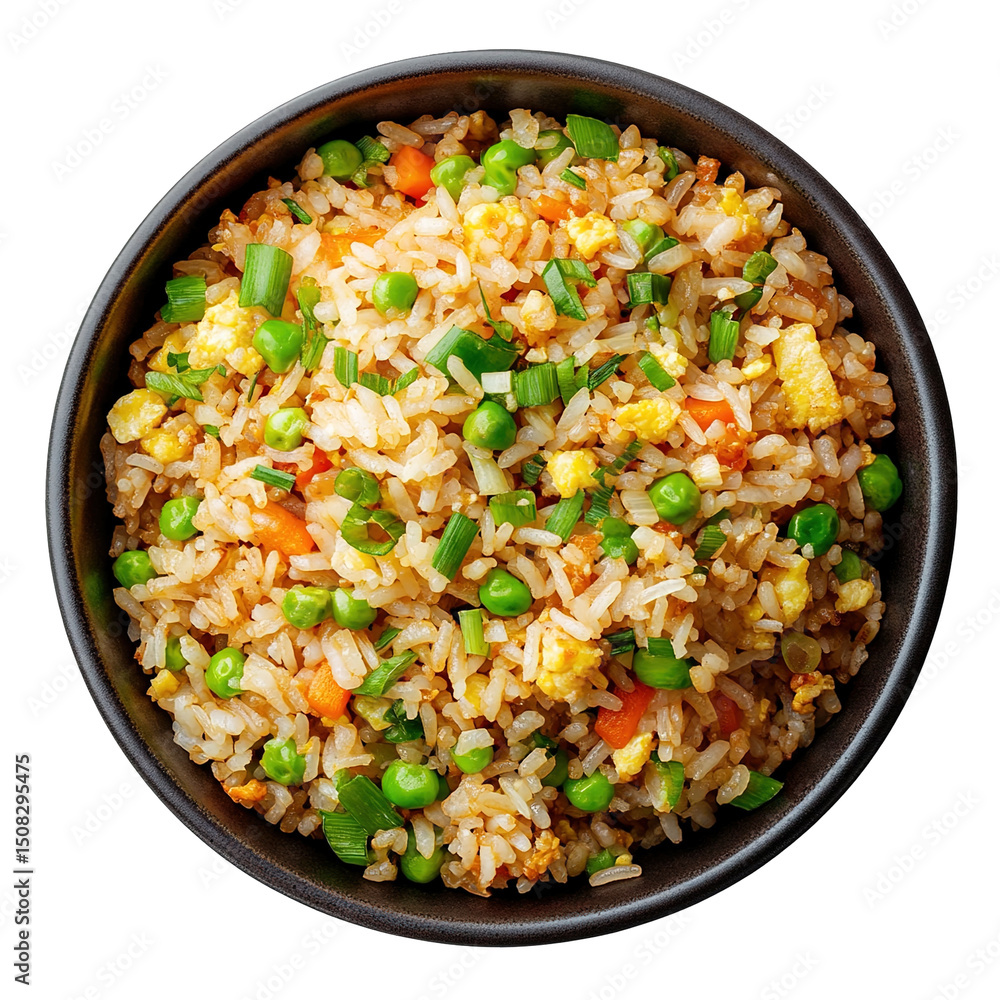 Top view of home cook Chinese fried rice isolated on transparent background Top view of home cook Chinese fried rice isolated on transparent background