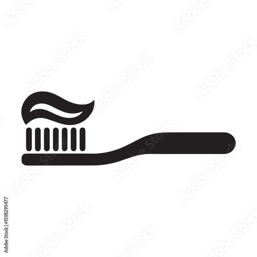 Toothbrush/tooth brush with toothpaste flat icon for apps and websites. Vector black silhouette. with white background