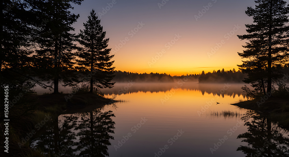 Fototapeta premium Serene Sunrise over Misty Lake with Silhouetted Pines Reflecting in Calm Water