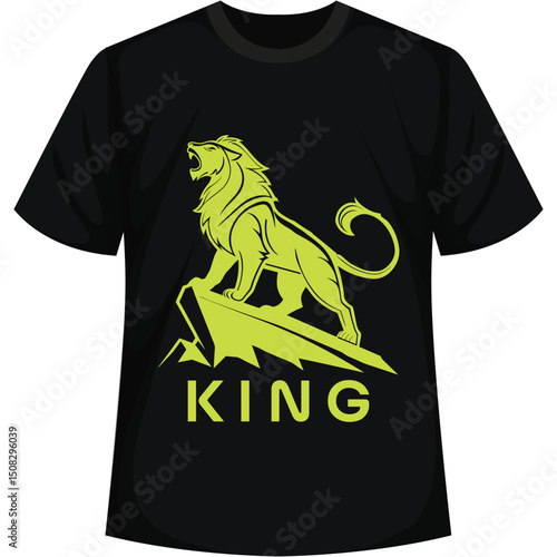 
Black t-shirt with lime green roaring lion on a rock and "KING" text