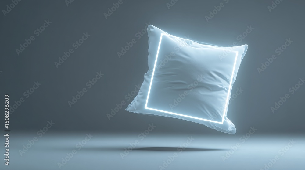 A floating pillow with an illuminated square shape, embracing comfort and modern design. A floating pillow with an illuminated square shape, embracing comfort and modern design.