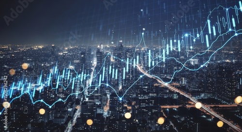 Abstract financial chart overlay on city skyline at night