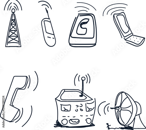 Simple cartoon icons on the theme of radio technology and communication.