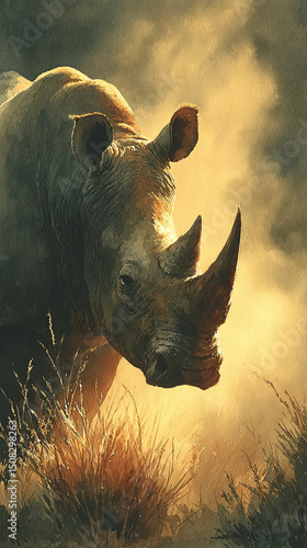 Rhinoceros watercolor painting profile wild animal grass sunlight dramatic nature