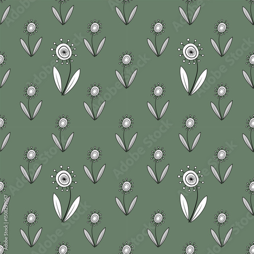 Floral seamless pattern in retro style. Monochrome curved flowers on green field. Unusual fantasy daisy flowers with clear black contour. Cute childish plant design.