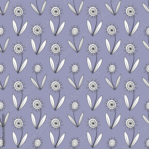 Floral seamless pattern. Monochrome plant ornament on purple background. Unusual fantasy flowers with clear black contour. Clear strict design of alternating floral elements.