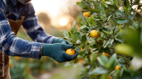 Farmer Harvests Fresh Oranges on Sunny Day, Close Up of Hand Picking Ripe Fruit in Orchard Surrounded by Lush Green Leaves and Sunlight