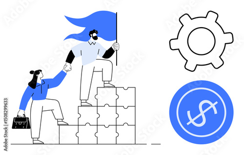 Man holding flag leads woman up puzzle block steps, symbolizing teamwork, leadership, and progress. Dollar sign and gear icons emphasize finance, collaboration, problem-solving, and goal setting