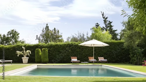 Wallpaper Mural Swimming Pool Surrounded by Greenery with a White Parasol Under a Clear Sky in Summer Torontodigital.ca