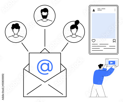 Email with user profiles connected, mobile social media interface, person adding video. Ideal for marketing, communication, teamwork, connection, networking, media strategy simple landing page