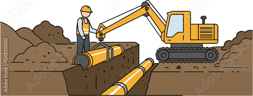 Construction worker operating excavator to install pipes in trench  